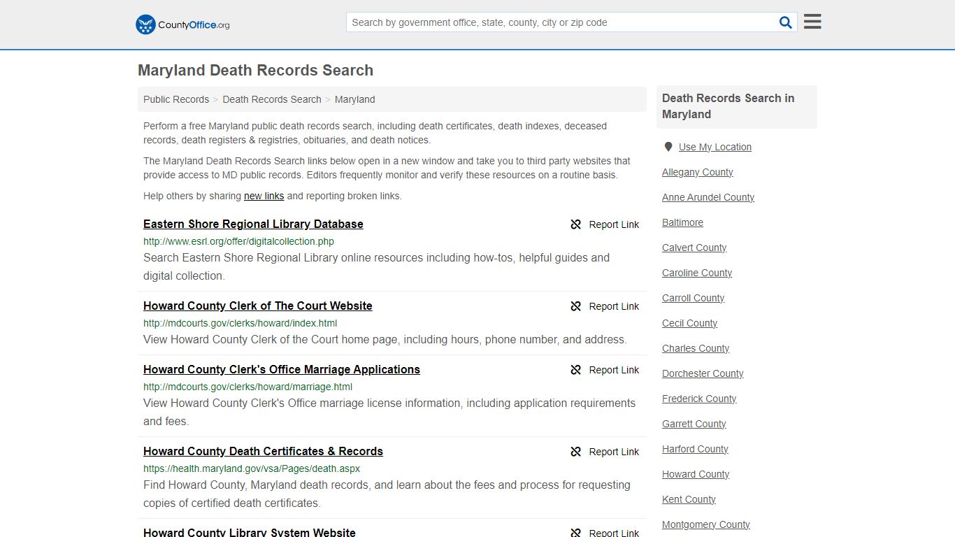 Maryland Death Records Search - County Office